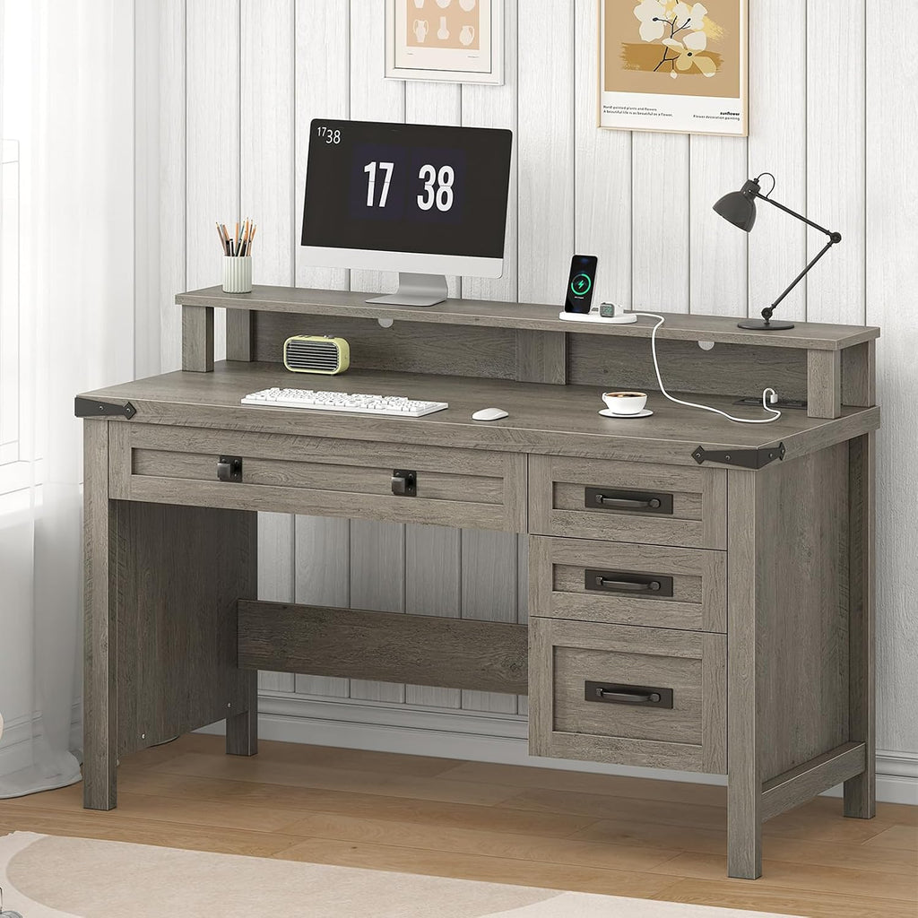 YOMILUVE Farmhouse Computer Desk with Drawers, 47' Small Computer Desk with Power Outlets, Home Office Desk with Monitor Stand & 4 Drawers, Writing Study Table, Grey