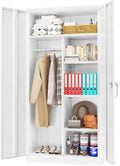 Greenvelly Metal Storage Cabinet with 2 Doors, White 72' Steel Storage Wardrobe Cabinet, Employees Locker Closet Clothing Coat Steel Wardrobe Cabinet with Hanging Rod for Garage, Gym, Home Office