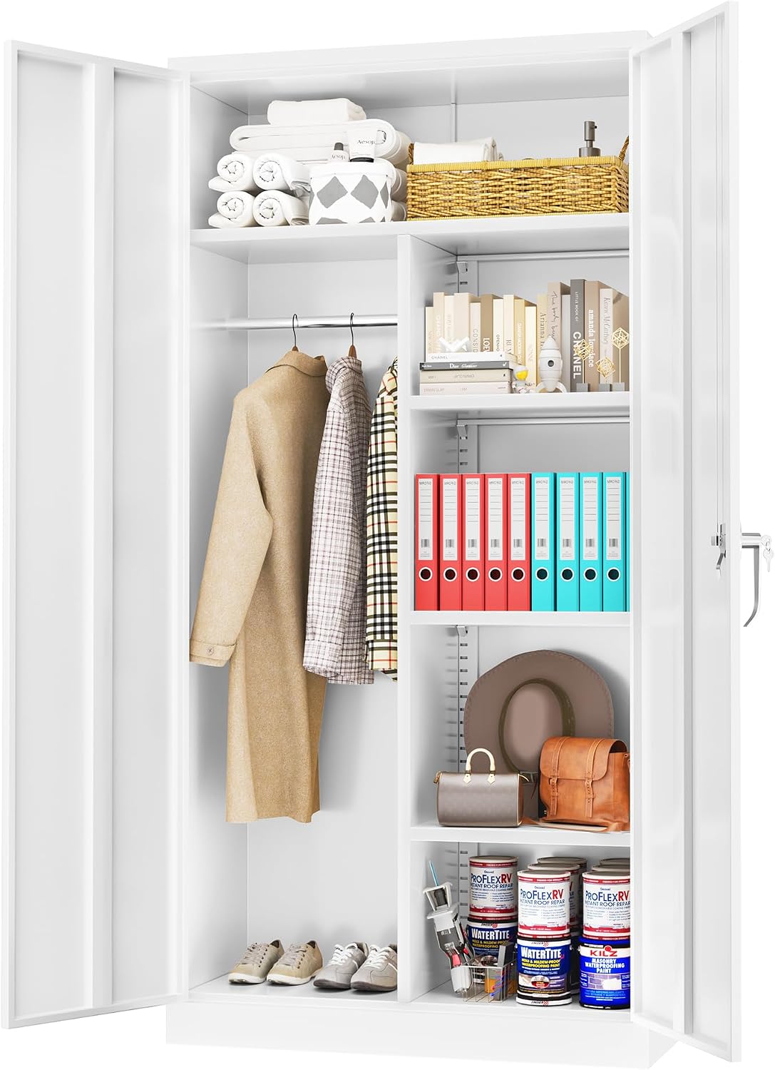 Greenvelly Metal Storage Cabinet with 2 Doors, White 72' Steel Storage Wardrobe Cabinet, Employees Locker Closet Clothing Coat Steel Wardrobe Cabinet with Hanging Rod for Garage, Gym, Home Office