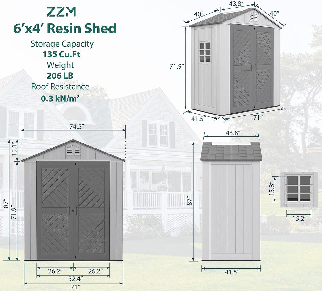 ZZM Outdoor Storage Shed 6x4 Ft, All-Weather Resistant Resin Garden Sheds & Outdoor Storage Clearance with Floor and Windows, Double-Layer Plastic Tool Shed for Backyard, Patio & Lawn (Gray)