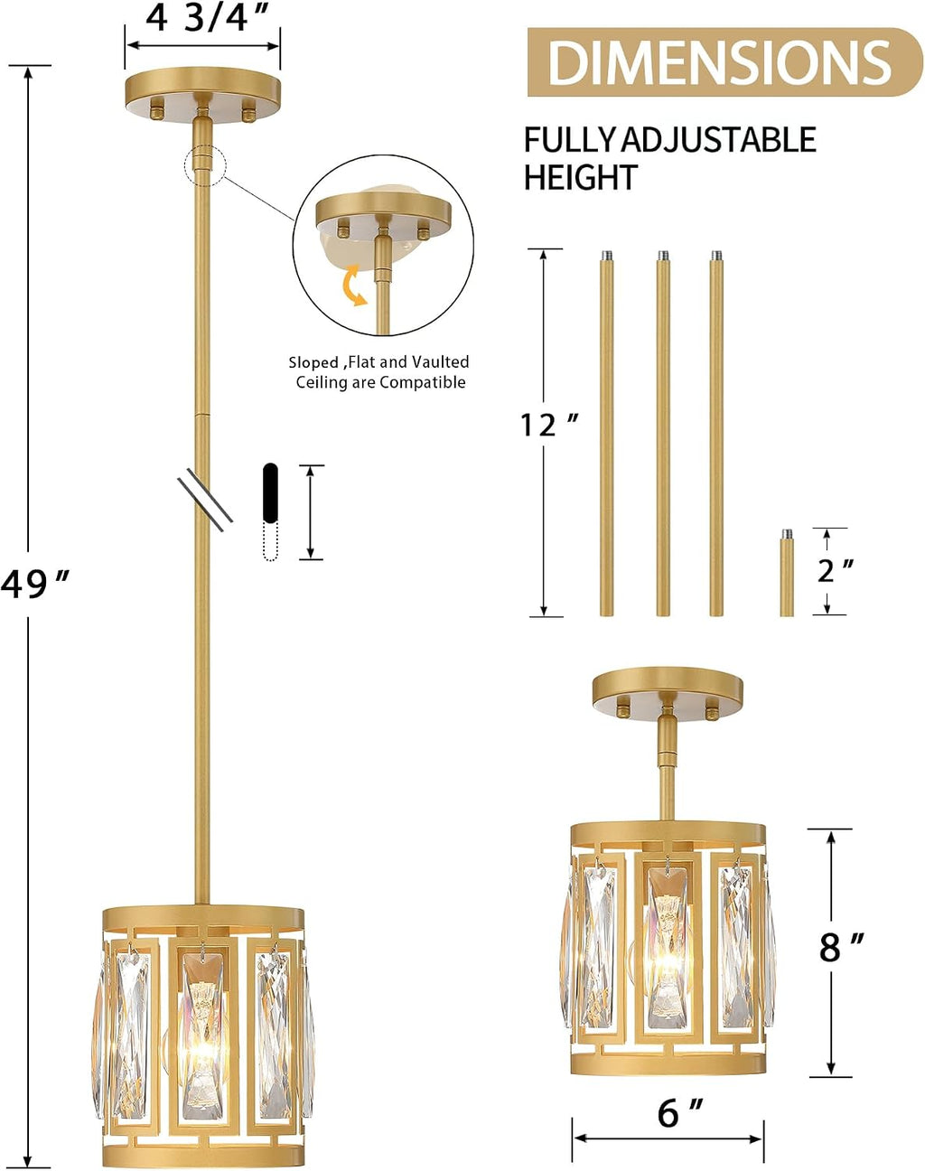 3-Pack Pendant Light Fixtures with K9 Crystals, Kitchen Island Lighting, Dining Room Light Fixture, Mini Chandelier for Kitchen Lights Ceiling, Foyer Lighting Fixtures, Gold Light Fixture