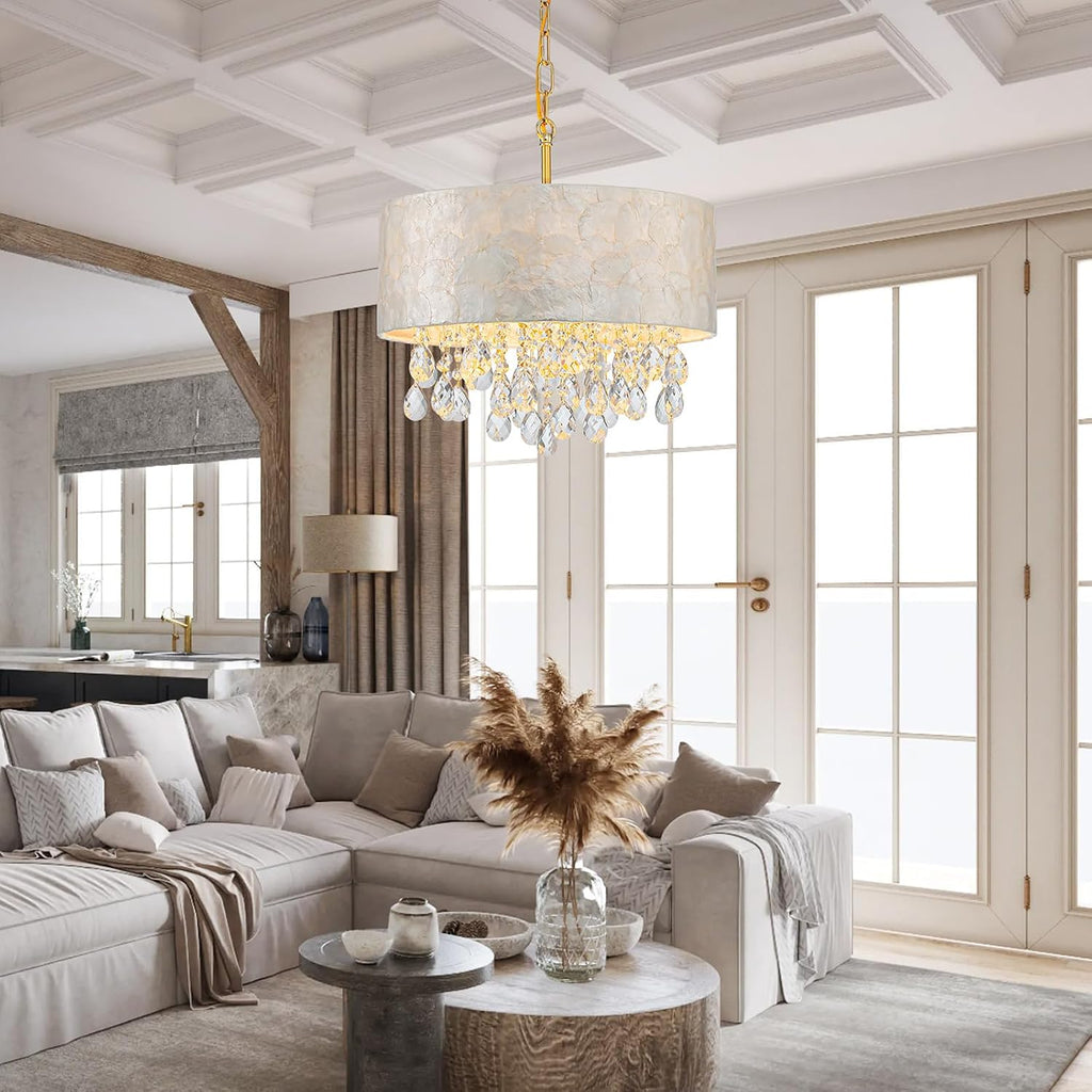 LumFurn D16in Drum Capiz Shell Crystal Chandeliers, 4-Light Coastal Style Pendant Light Fixture for Dining Room, Living Room, D16x20~67'(Adjustable), Shell Lampshade, K9Crystal & Gold Finish