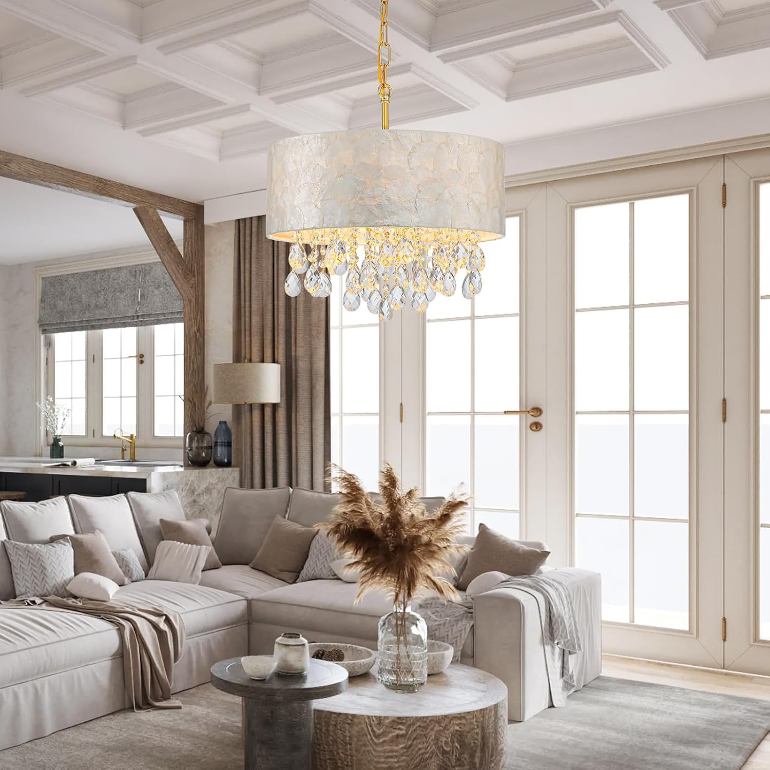 LumFurn D16in Drum Capiz Shell Crystal Chandeliers, 4-Light Coastal Style Pendant Light Fixture for Dining Room, Living Room, D16x20~67'(Adjustable), Shell Lampshade, K9Crystal & Gold Finish