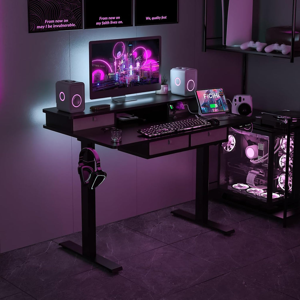 FiCiHi Adjustable Height Standing Desk with 4 Drawers,48 x 30 inches Electric Sit Stand Home Office Desk with Two Tiers, 3 Memory Presets, Monitor Stand Riser, USB A/C Charging Port