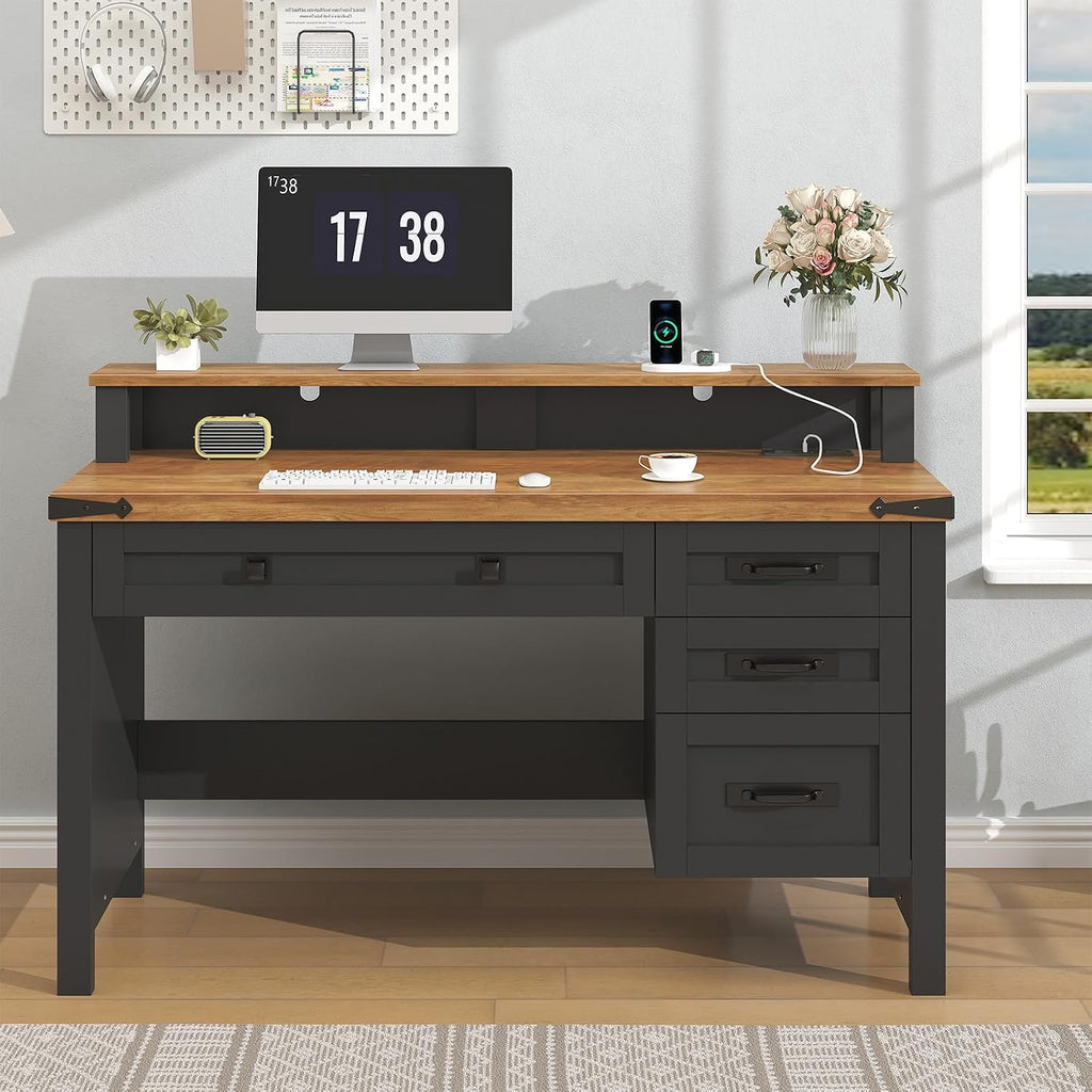 YOMILUVE Farmhouse Computer Desk with Drawers, 47' Small Computer Desk with Power Outlets, Home Office Desk with Monitor Stand & 4 Drawers, Writing Study Table, Brown and Black
