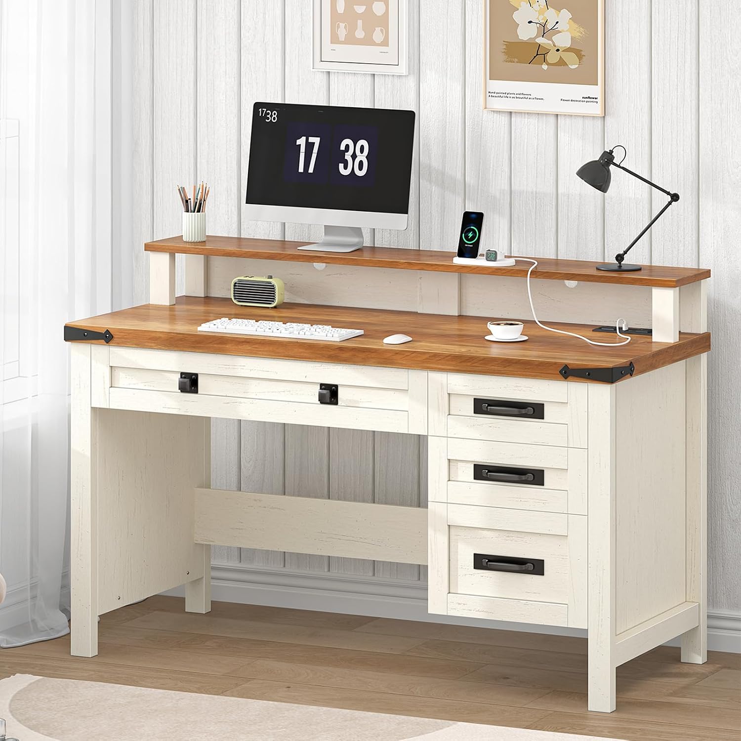 YOMILUVE Farmhouse Executive Desk with Drawers, 47' Computer Desk with Power Outlets, Home Office Desk with Monitor Stand & 4 Drawers, Small Desk Writing Study Table, Antique White