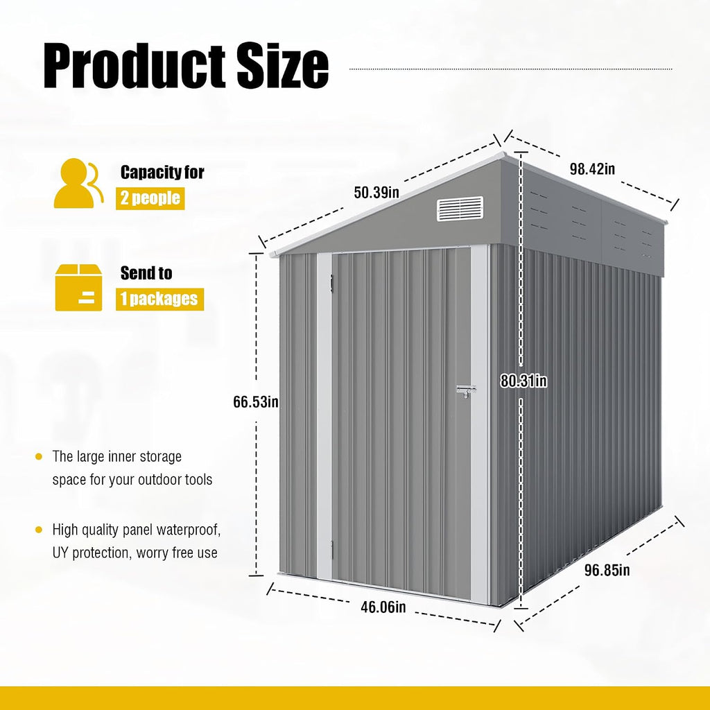 YOPTO 4×8 FT Outdoor Metal Storage Shed,Heavy-Duty Lean to Storage Shed with Lockable Single Side Hinge Door,Waterproof Metal Storage Tool House W/Sloping Roof,Air Vent&Protect Film,for Backyard,Gray