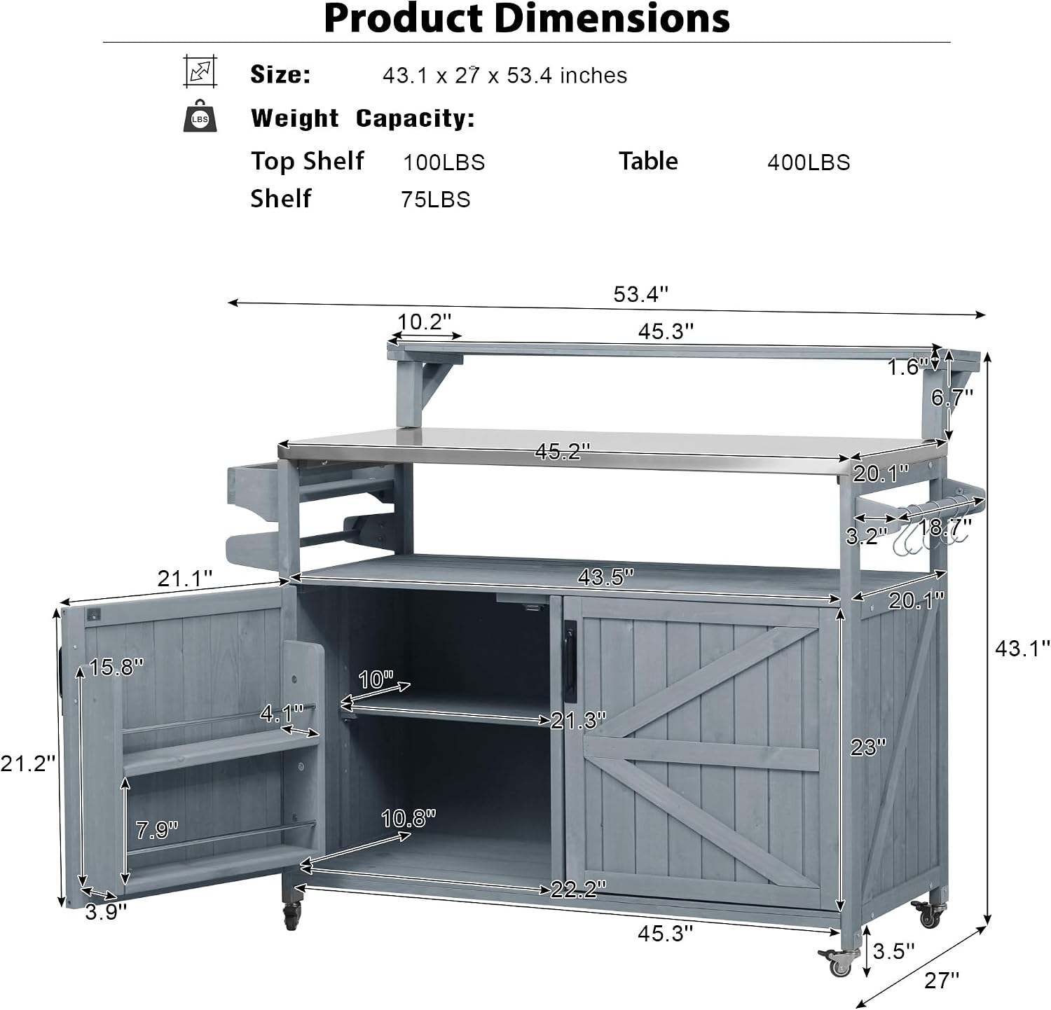 Merax 53.3' Outdoor Kitchen Island with Raised Shelf, Solid Wood Storage Cabinet with Stainless Steel Top, Rolling Grill Cart, Adjustable Shelf, Grey Blue