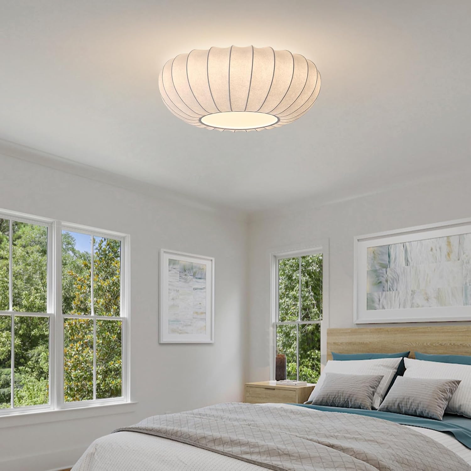 Japanese Silk Flush Mount Ceiling Light 16 Inch White Kitchen Ceiling Lighting Fixtures Vintage Bedroom Ceiling Light Fixtures Mid Century Modern Overhead Lamp