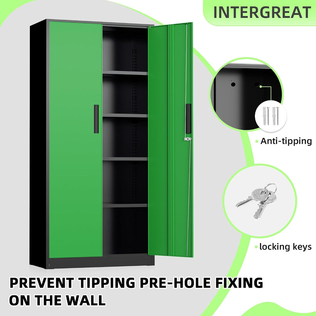Bonusall 72' Metal Garage Storage Cabinet, 2 Locking Doors & 4 Adjustable Shelves Tall Storage, Heavy Duty Steel Tool Cabinet for Home, Office, Warehouse, School (Black Green)