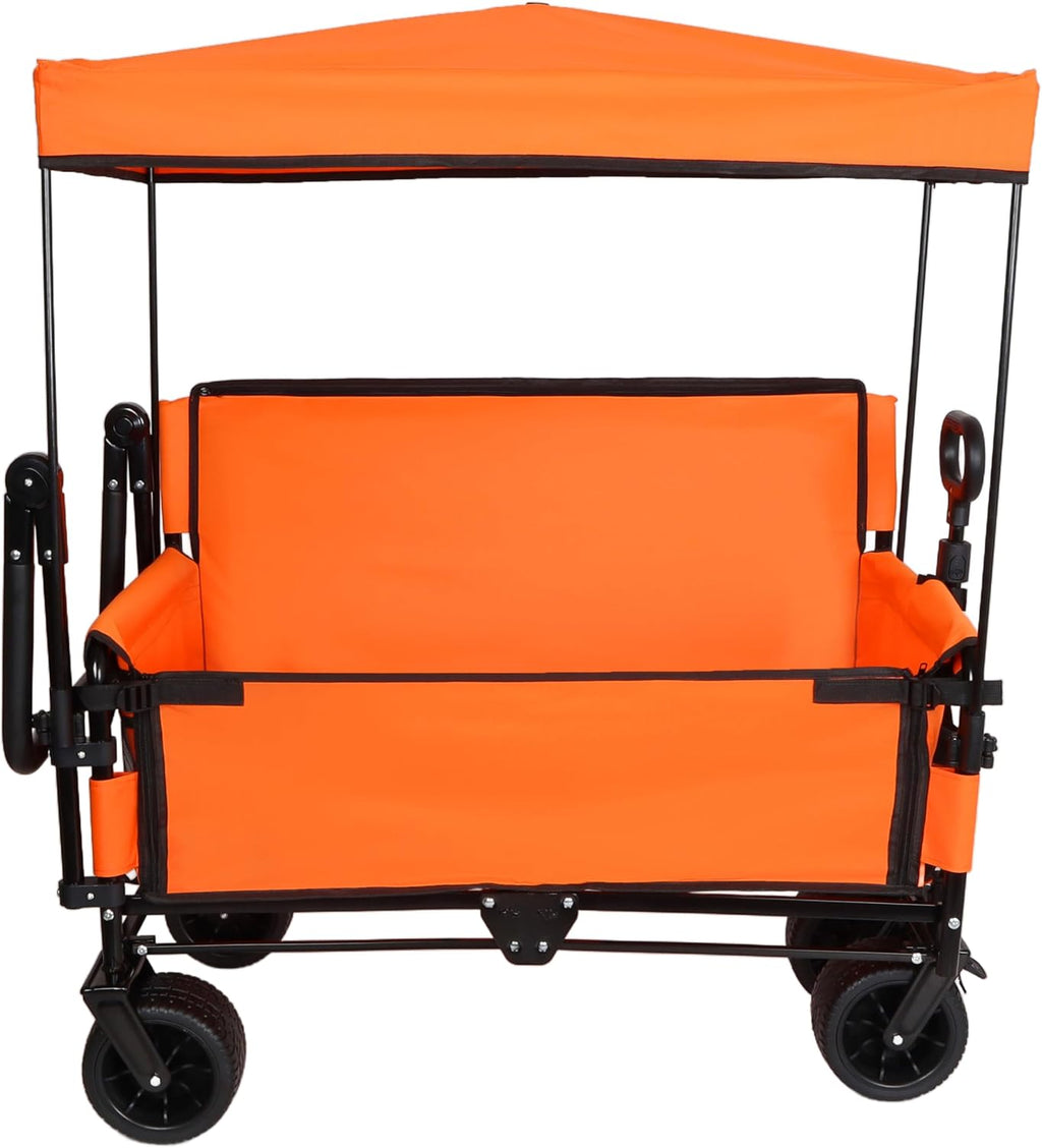 ZeHuoGe 3-in-1 Folding Wagon Cart with Bench Seat & Canopy & Storage, 500lbs Heavy-Duty, 180L Capacity, All-Terrain Wagon for Camping, Beach, Sports, & Garden (Orange)