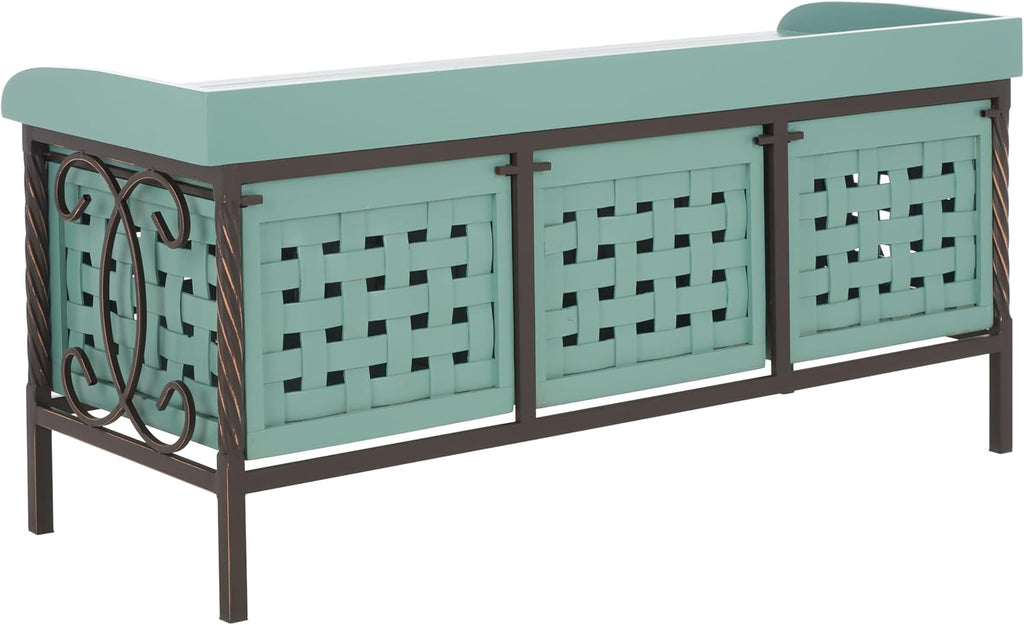 SAFAVIEH Home Collection – Isaac Dusty Green Wooden Storage Bench with Drawers, Entryway & Mudroom Seating, Iron Frame Design, Fully Assembled (AMH6530B)