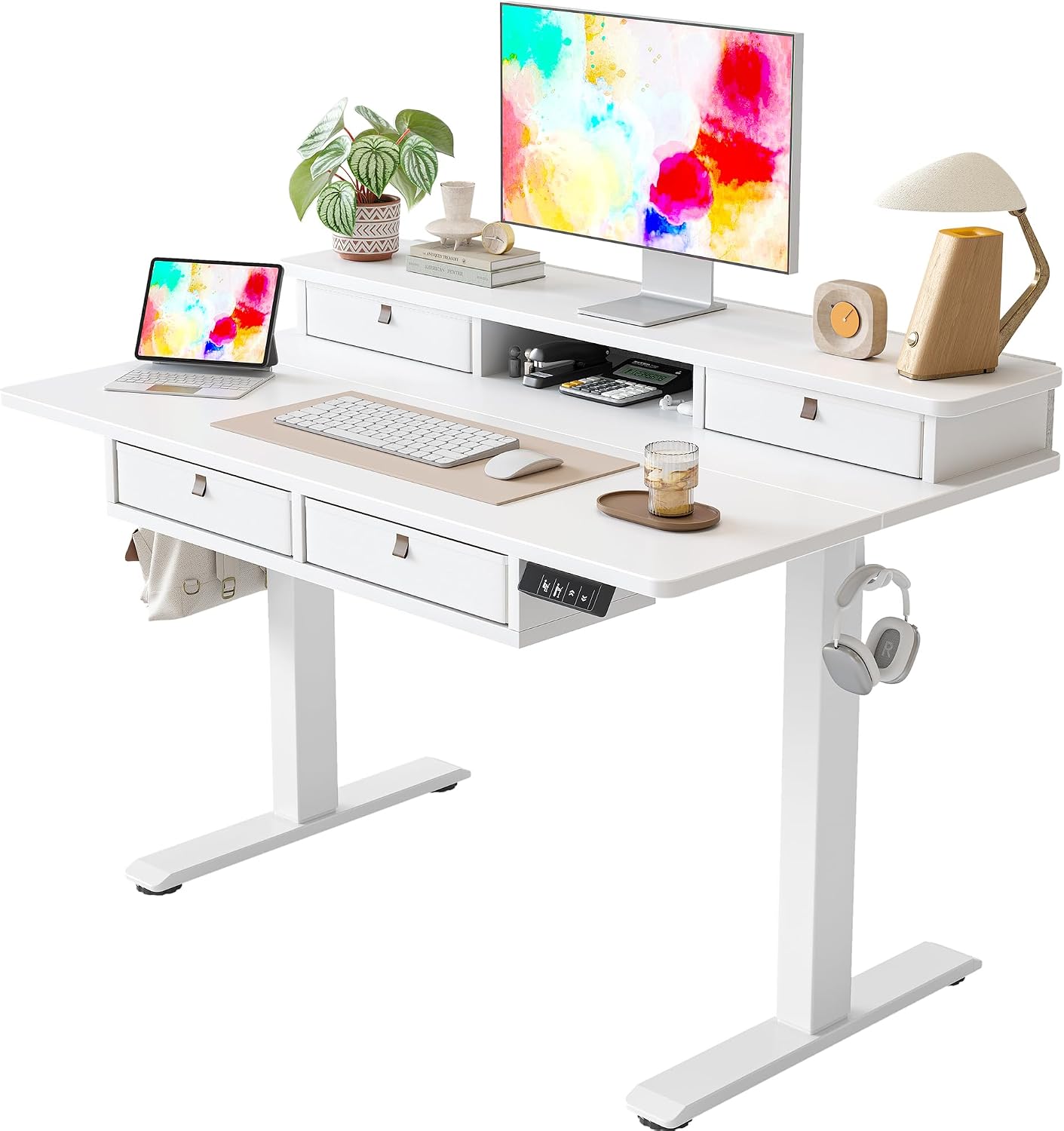 TIQLAB 48 * 28 Inch Standing Desk with Four Drawers, Electric Sit Stand Table, Stand Up Desk Adjustable Height with Storage Shelf, Splice Board, White
