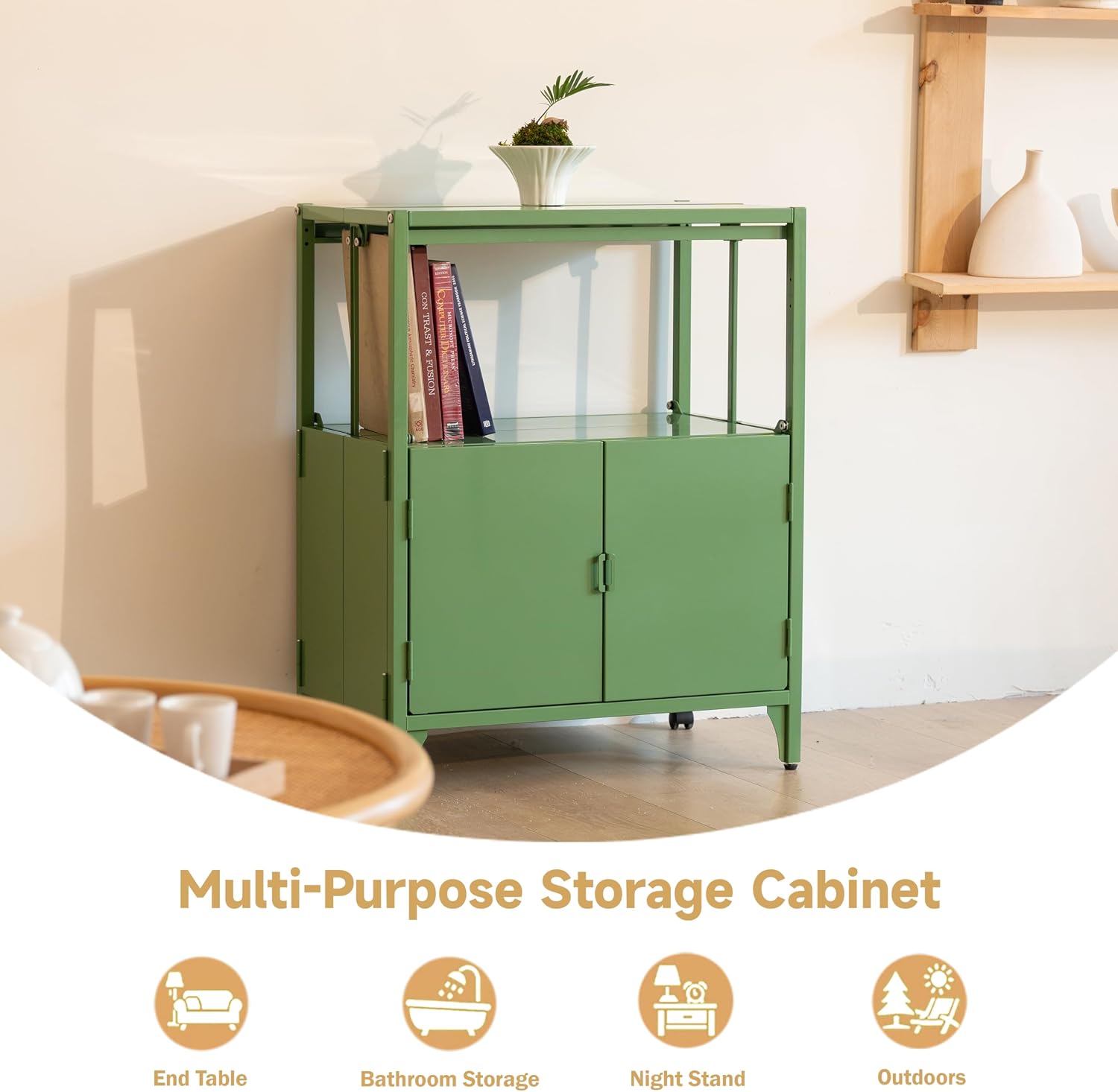 Modern Metal Folding Storage Cabinet, Cream Foldable Sideboard with Shelves, Entryway Console Cabinet Coffee Bar for Patio Outdoor Indoor Living Room Kitchen Bathroom, 5mins Assembly, Green