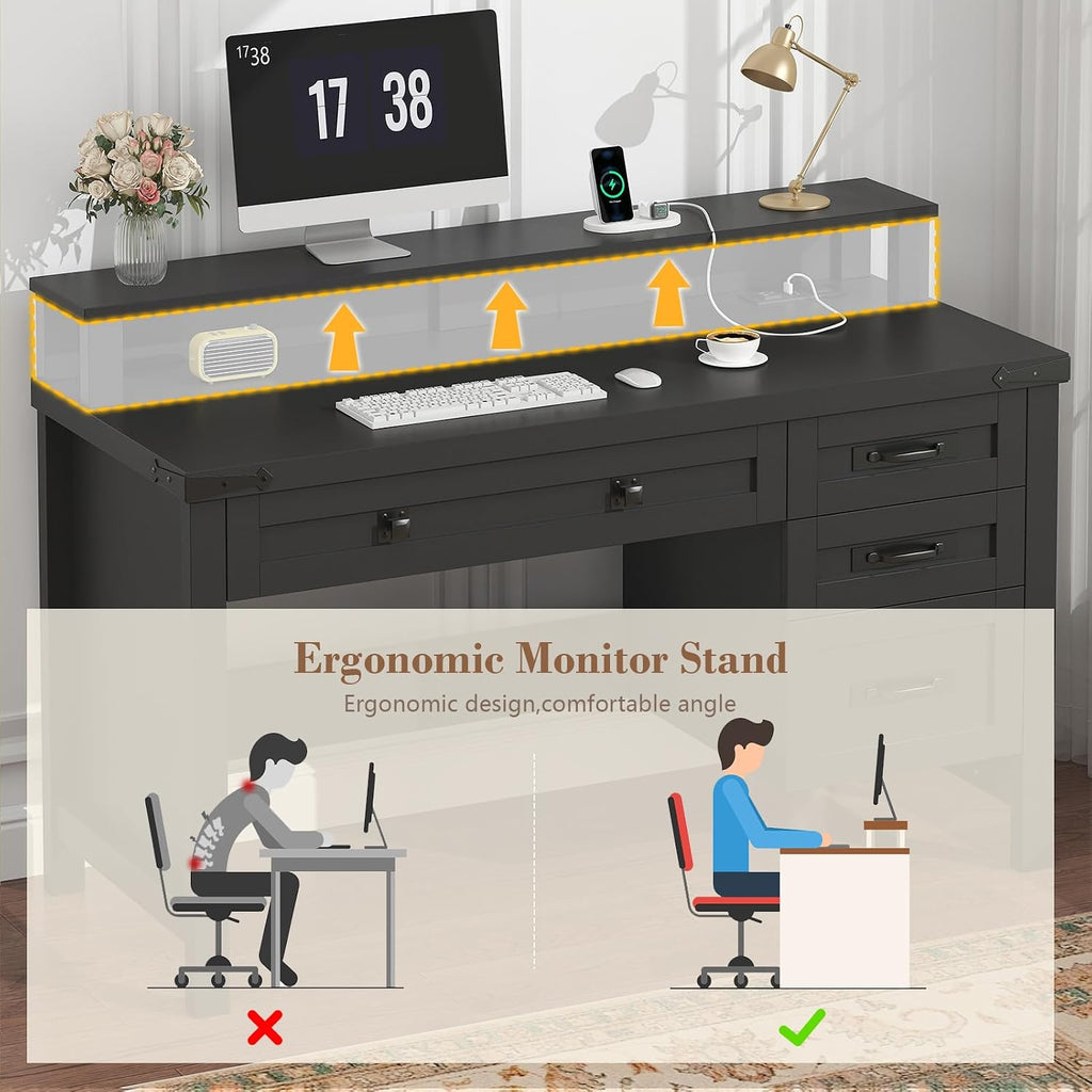 YOMILUVE Farmhouse Computer Desk with Drawers, 47' Small Computer Desk with Power Outlets, Home Office Desk with Monitor Stand & 4 Drawers, Writing Study Table, Black