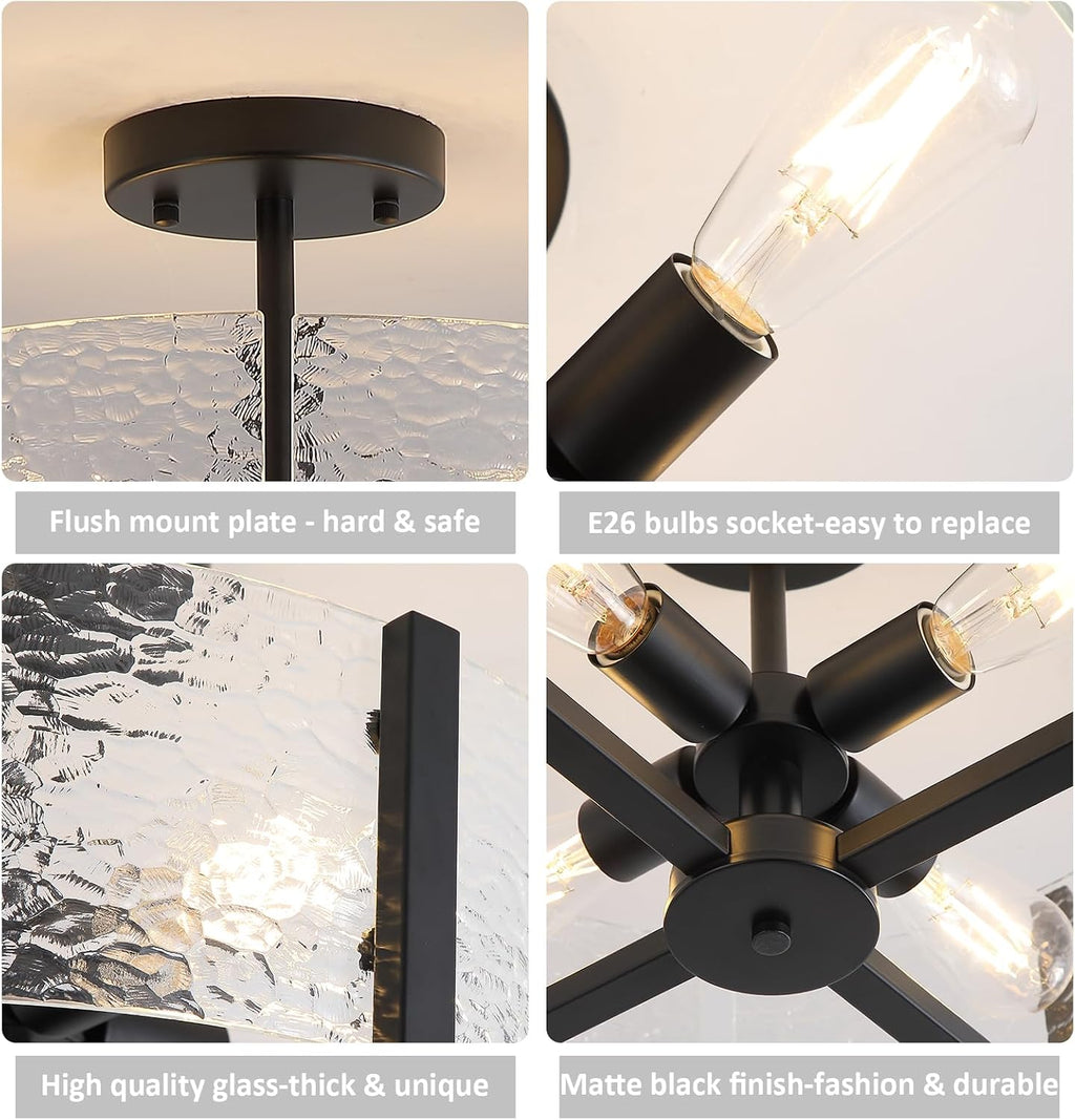 18' Black Large Semi Flush Mount Ceiling Light, 4-Light Farmhouse Ceiling Light, Foyer Light Fixtures Modern Glass Ceiling Mount for Entryway Bathroom Hallway Bedroom Kitchen