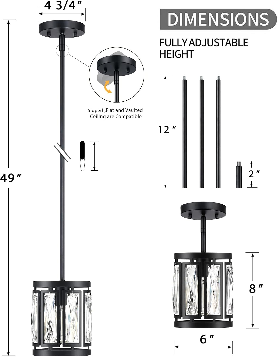 Crystal Pendant Lighting Fixture Matte Black Drum Shade Chandelier,3-Pack Pendant Lights for Kitchen Island Modern Ceiling Lights for Living Room