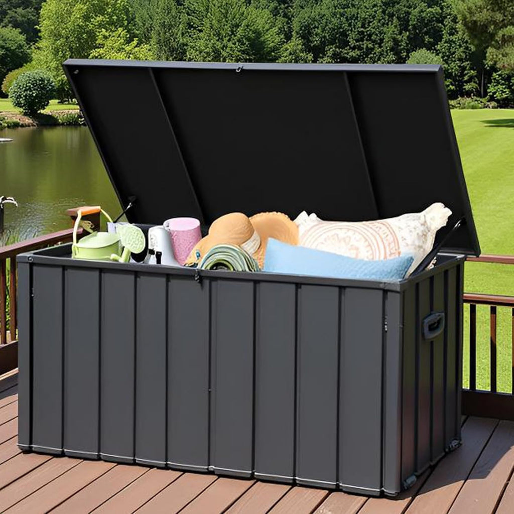 100 Gallon Metal Deck Box, Outdoor Storage Box Waterproof with Wheels, Lockable Storage Container for Patio Furniture Cushions Garden Tools, Dark Gray