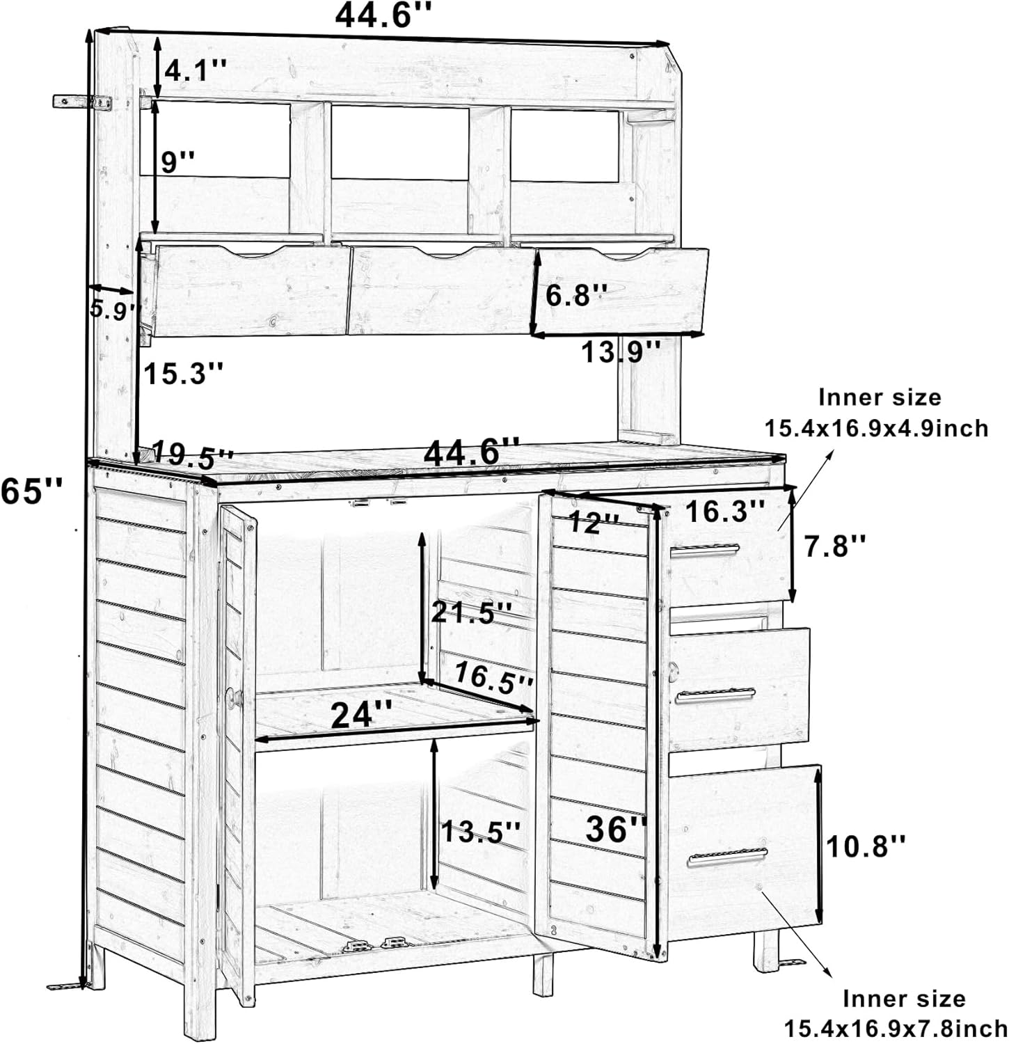 Farmhouse Patio Potting Bench, 44.6''x19.5'' Large Freestanding Garden Workstation with 6 Drawers and Side Hook, Outdoor Kitchen Island (Brown-2)