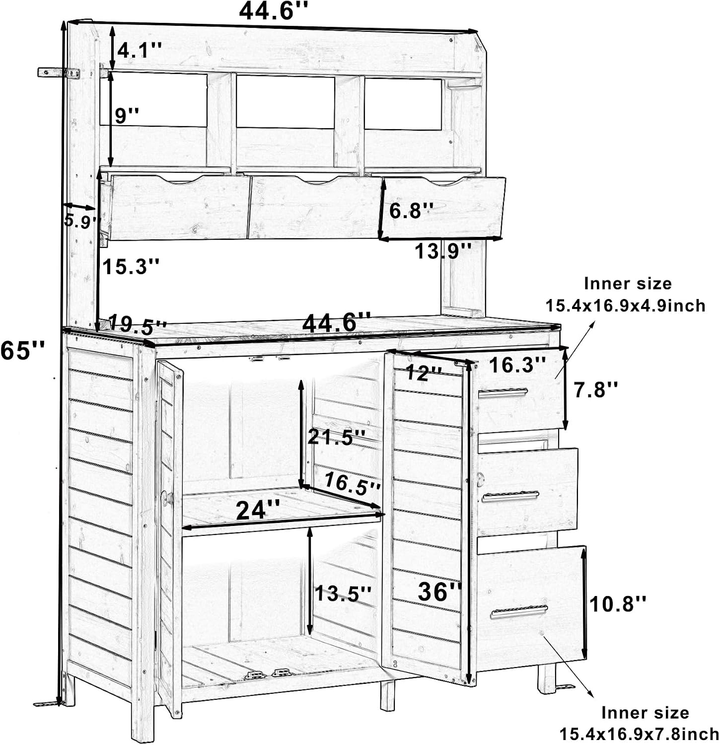 Farmhouse Patio Potting Bench, 44.6''x19.5'' Large Freestanding Garden Workstation with 6 Drawers and Side Hook, Outdoor Kitchen Island (Natural Wood-2)