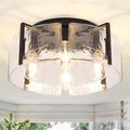 Modern 4-Light Flush Mount Ceiling Light with Hammered Glass Shade, Industrial Close to Ceiling Lighting Fixture in Matte Black for Hallway, Entryway, Bedroom, Kitchen, Dining Room, Living Room, Foyer