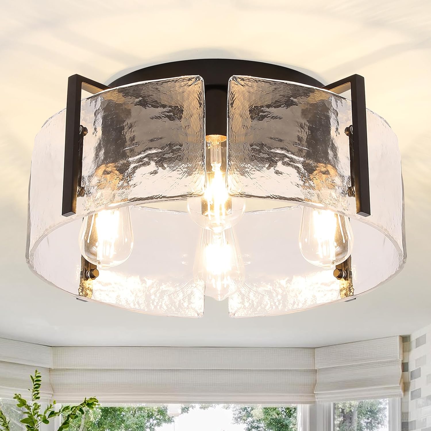 Modern 4-Light Flush Mount Ceiling Light with Hammered Glass Shade, Industrial Close to Ceiling Lighting Fixture in Matte Black for Hallway, Entryway, Bedroom, Kitchen, Dining Room, Living Room, Foyer