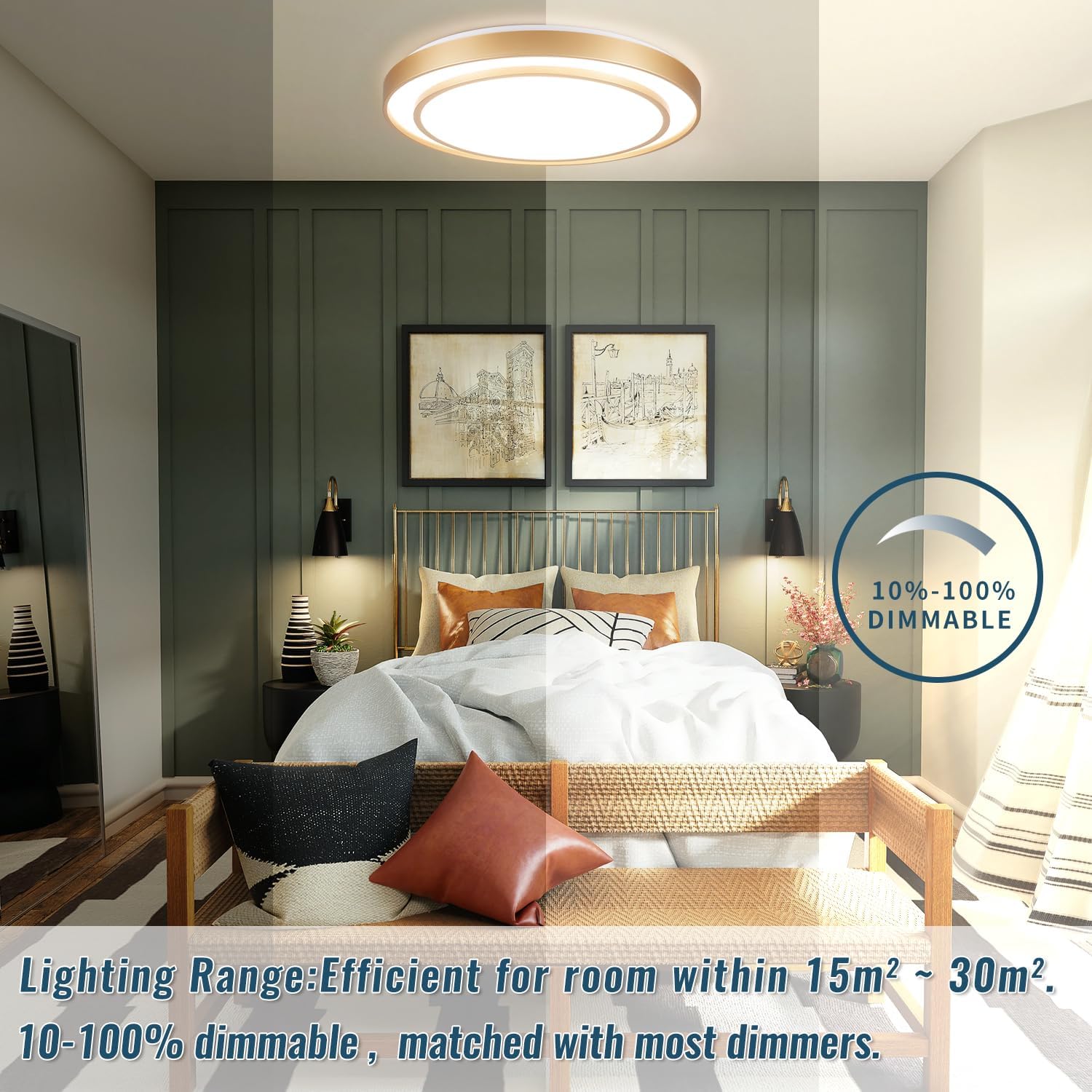 2Pack 20' LED Flush Mount Ceiling Light Fixture Gold, 36W Dimmable Light Fixture Ceiling Mount Round Overhead, Modern Close to Ceiling Light for Living Room, Foyer, Kitchen, Bedroom