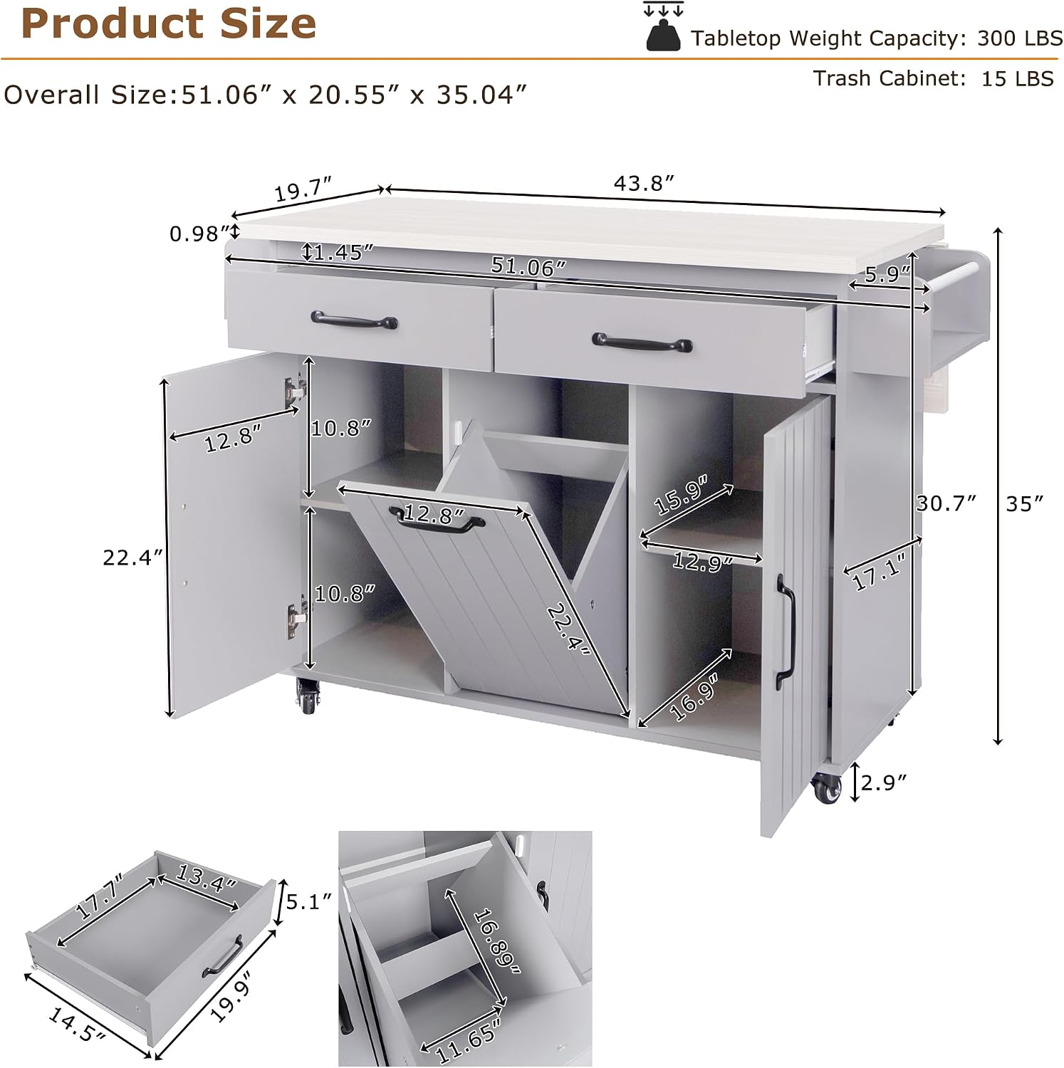 Kitchen Island with Trash Can Storage Cabinet, Kitchen Cart with Drop Leaf, Spice Rack, Towel Rack and Drawer, Rolling Kitchen Island on Wheels with Adjustable Shelf, Grey