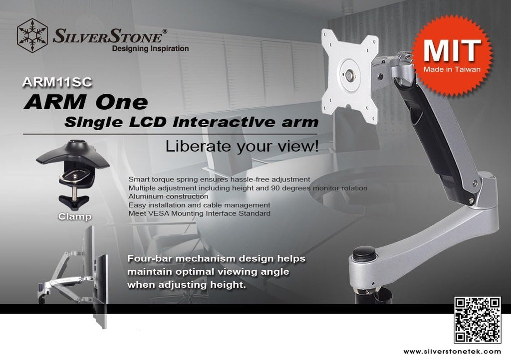 Silverstone SST-ARM11SC - Single ARM LCD LED Monitor Mount Bracket, Adjustable, with 360° Rotation, 90° tilt up/Down, 90° tilt Left/Right & Pull Out 180° Swivel Arm - Max VESA 100x100, Silver