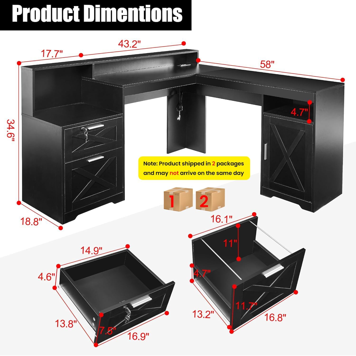 60' L Shaped Executive Desk with Printer Space,Corner Computer Desk with Power Outlets,Lockable Drawers & Adjustable File Cabnet,L Shaped Office Desk with Monitor Stand (Black)