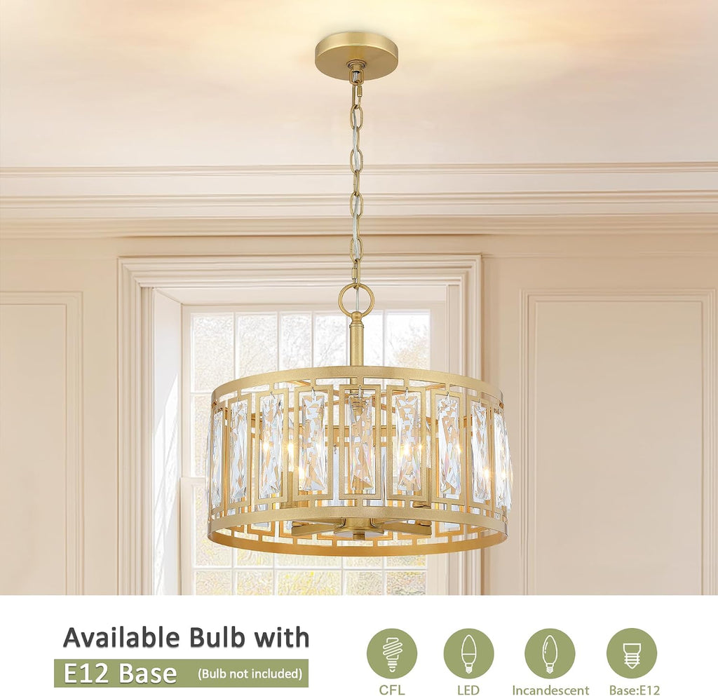 Gold Crystal Chandelier, 4-Light Semi Flush Mount Chandelier Crystal Entry Way Light Fixture Gold Dining Room Light Fixtures Adjustable Height Hanging Pendant Light for Bedroom Living Room