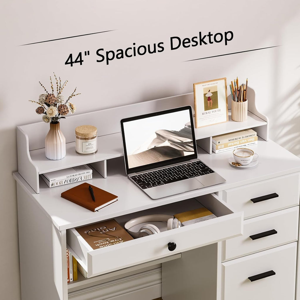 4 EVER WINNER White Desk with Drawers, 44 Inch Small Computer Desk with File Drawer and Monitor Stand, Wood Desk with Storage Shelf for Small Spaces, Living Room, Bedroom, White