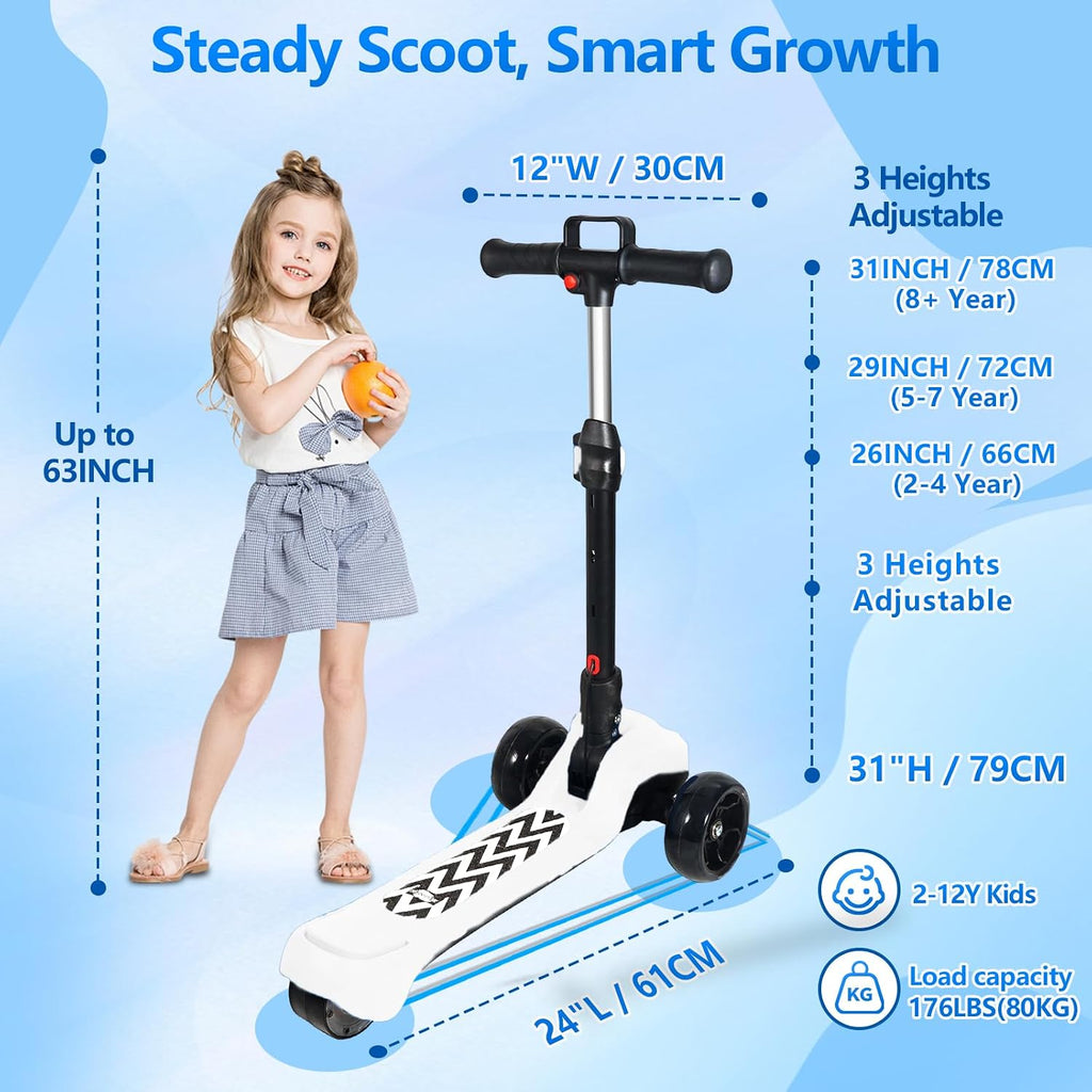 Electric Scooter for Kids Ages 3-12, Full Body Lights Up, Wide Deck, 3 Adjustable Heights, 5MPH Safe Speed, 90min Riding, Foldable 3 Wheel Electric Scooter for Kids Boys Girls Toddler