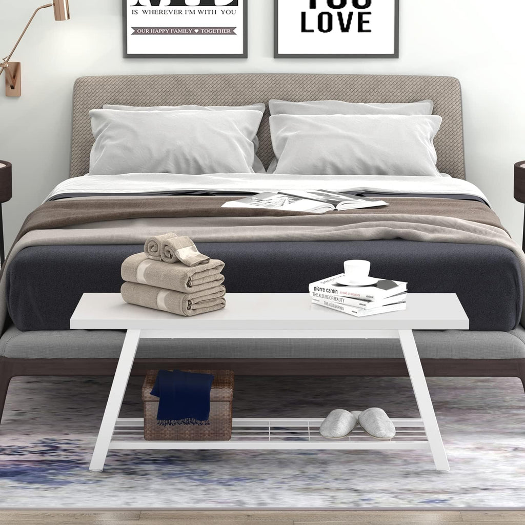 Oastreeful Industrial Entryway Bench Rustic Wood and Metal Storage Bench for Indoor Living Dining Room Bedroom Long Shoe Benches Seat (White)