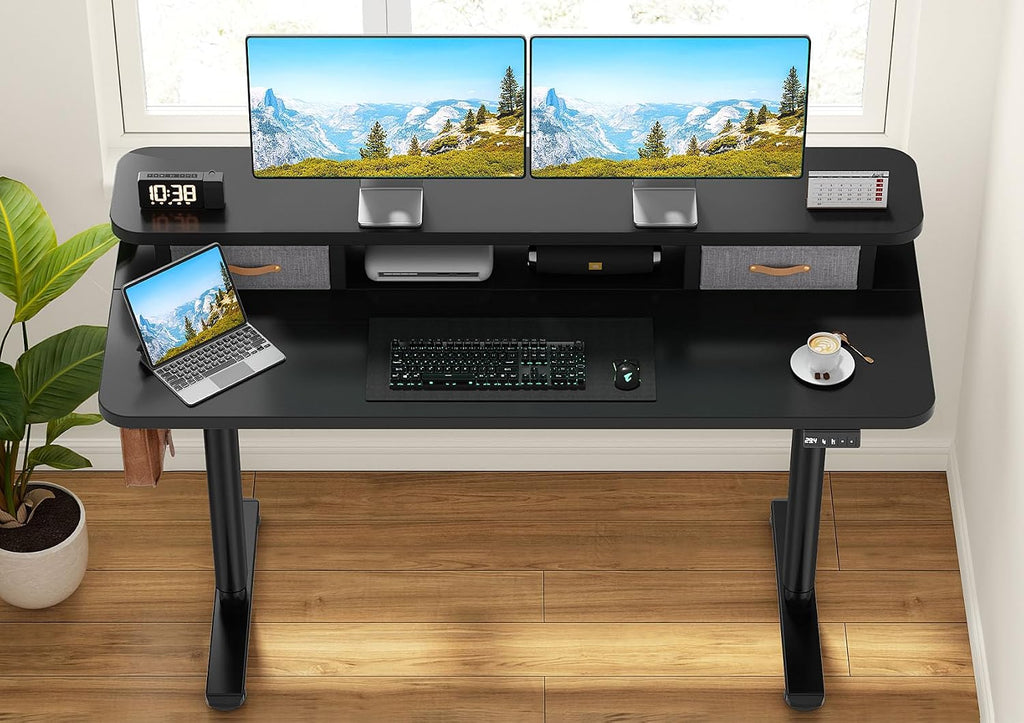 Flycity Electric Standing Desk with Dual Drawers, 55' x 24' Height Adjustable Desk Sit Stand Desk with Memory Controller, Casters & 2 Hooks, Ergonomic Low Noise Home Office Desk, Black