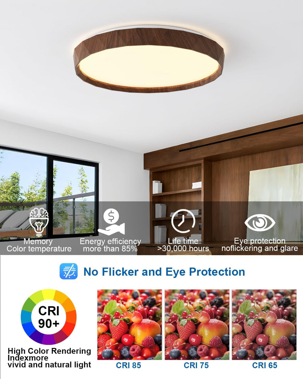ANYLOVE 19 inch LED Flush Mount Ceiling Light Fixture,3000K 4000K 5000K Adjustable Ceiling Lights, Farmhouse Walnut Wood Grain Ceiling Light for Bedroom Hallway Bathroom Kitchen