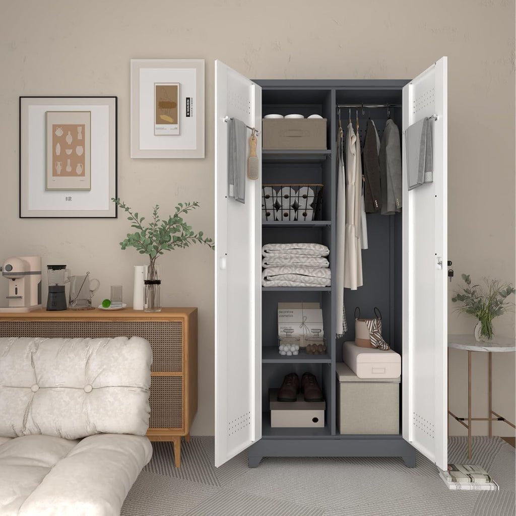 LUCYPAL Broom Storage Cabinet with Locking Doors and Shelves,Broom Closet Storage Cabinet with Hanging Rod and Hooks,Metal Garage Cabinets for Kitchen,Bathroom,Office 72.8' H White&Grey