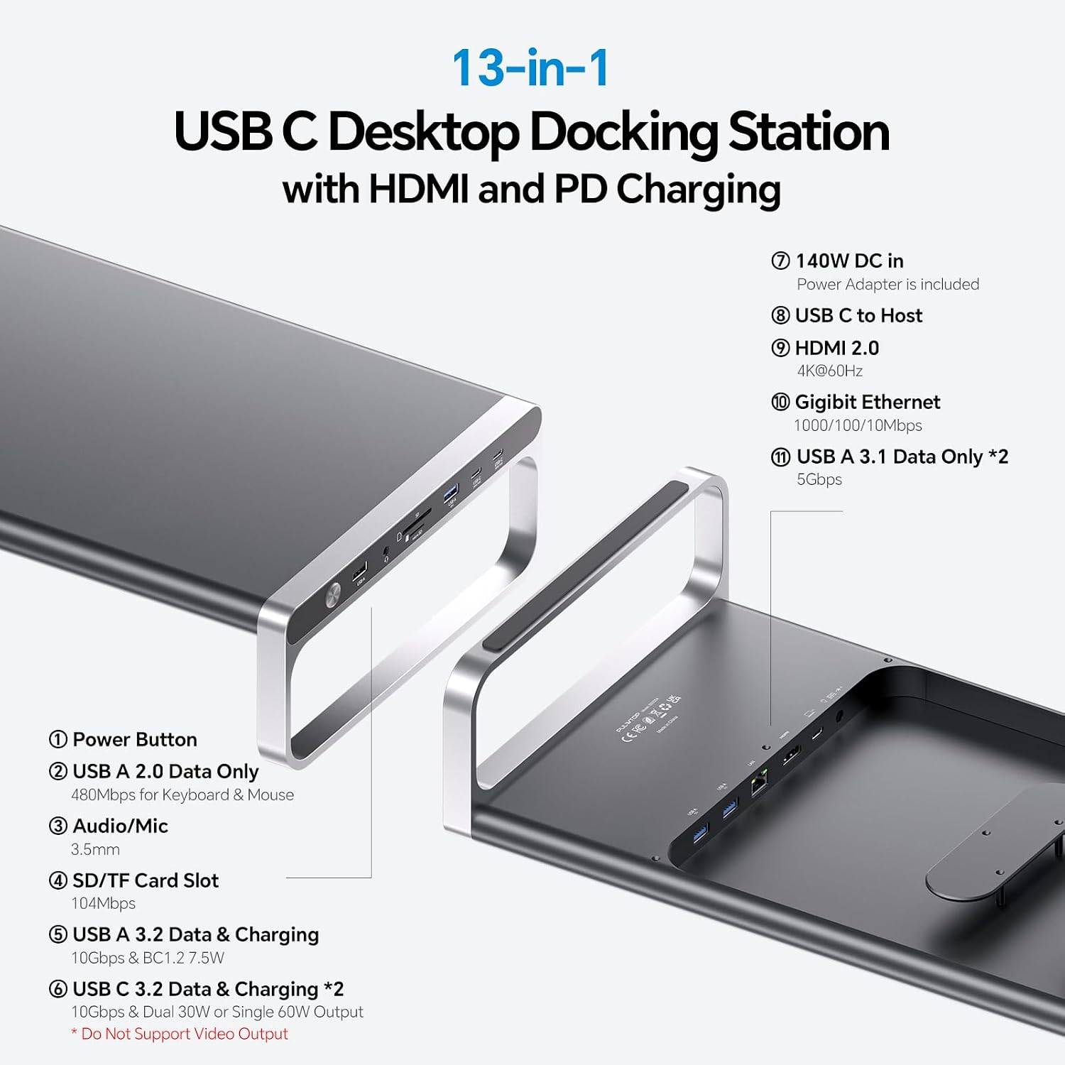 MacBook Docking Station Monitor Stand, 13-in-1 USB C Laptop Docking Station with 6 USB A/C Ports (Data & Max 60W Charging), 4K HDMI, SD/TF, 3.5mm Audio, Ethernet for MacBook, Windows