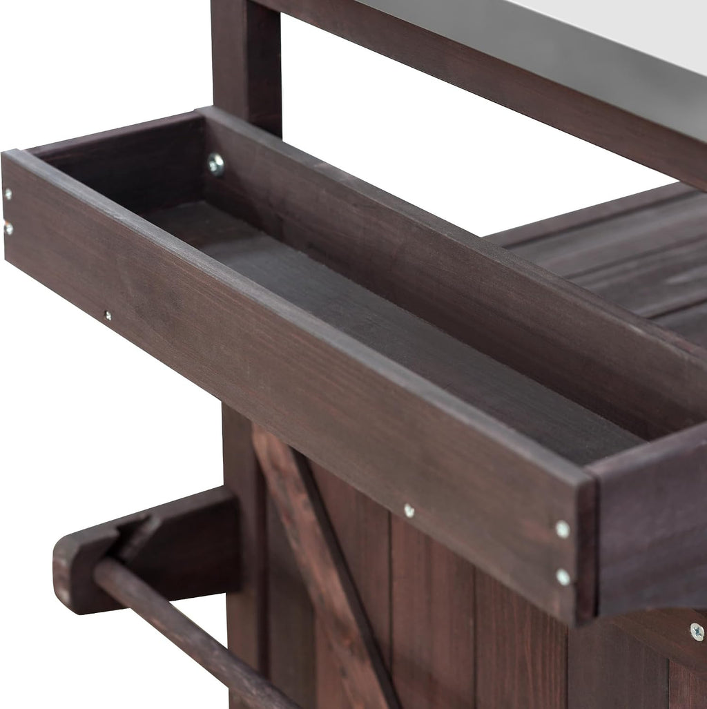 50.25'' Outdoor Kitchen Island, Rolling Bar Cart & Storage Cabinet, Farmhouse Solid Wood Outdoor Grill Table with Stainless Steel Top, Spice Rack, Towel Rack for Kitchen & BBQ,Dark Brown