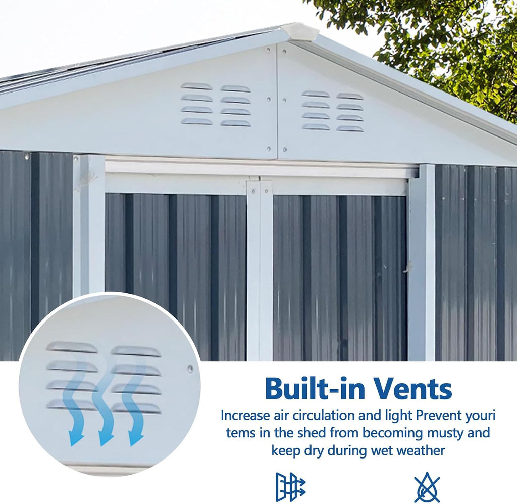 6FTx4FT Outdoor Storage Shed, Utility Tool Shed with Door & Lock Metal Storage Garden Shed for Patio Storage (Grey+2, 6FTx4FT)