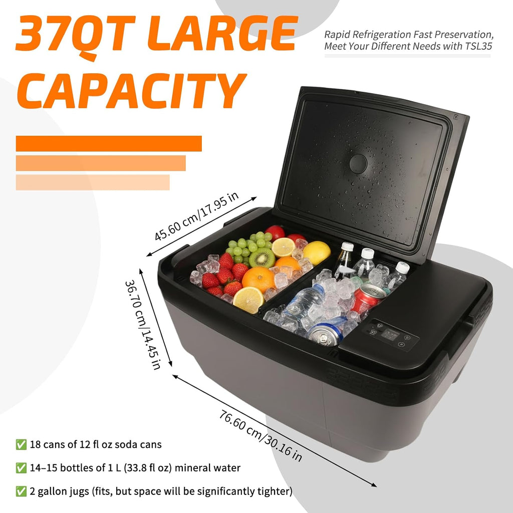 Car Refrigerator for Tesla Model Y, 37QT (35L) 12V Portable Freezer, -4℉~68℉ Trunk Fridge with APP Control, Low Noise & Energy Saving, Camping Road Trip Tailgating, 12/24V DC & 110-240V AC (Black)