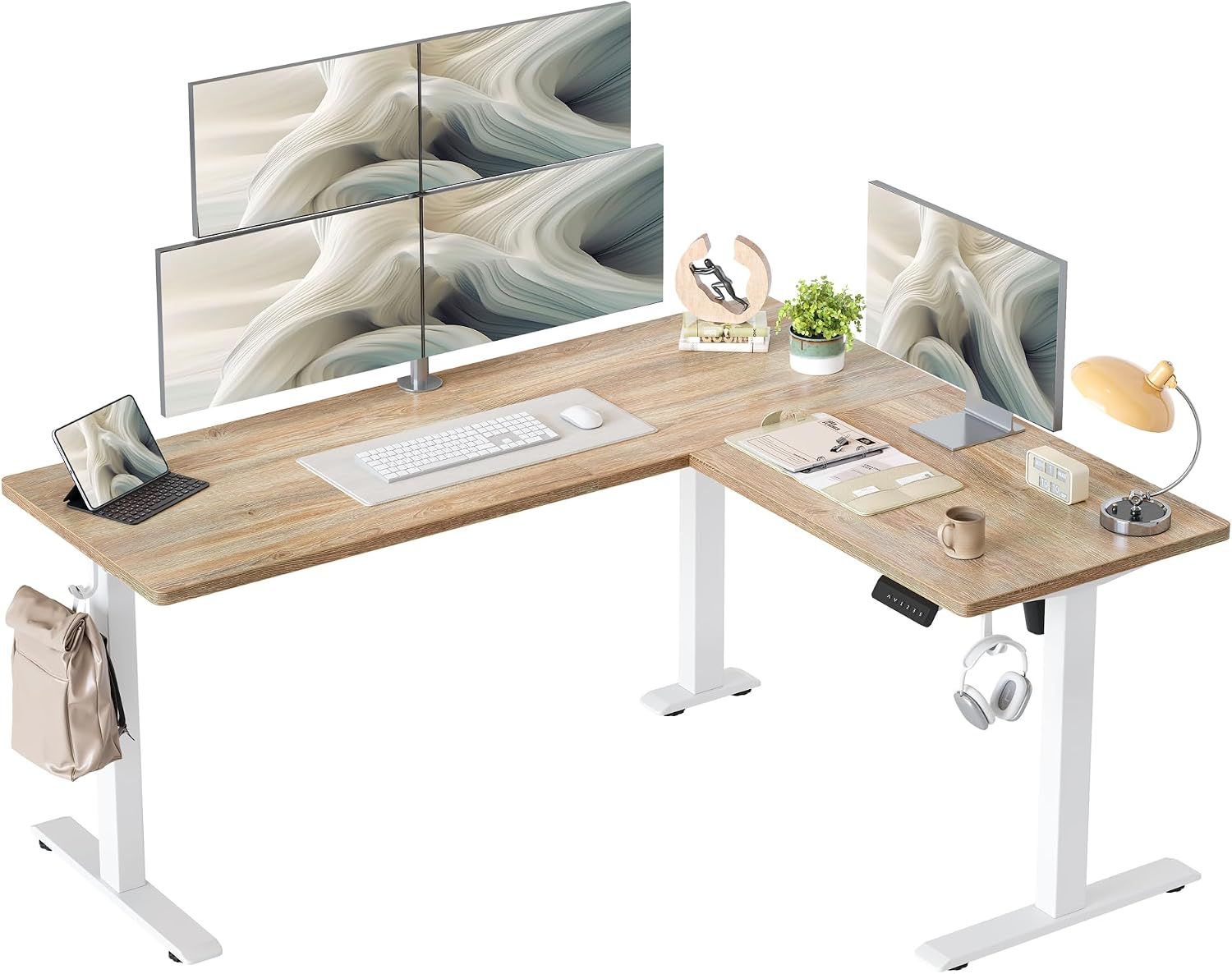 TIQLAB L Shaped Standing Desk Adjustable Height, Reversible Electric Corner Standing Desk, 63 x 55 inch Sit Stand Computer Table with Splice Board, Maple