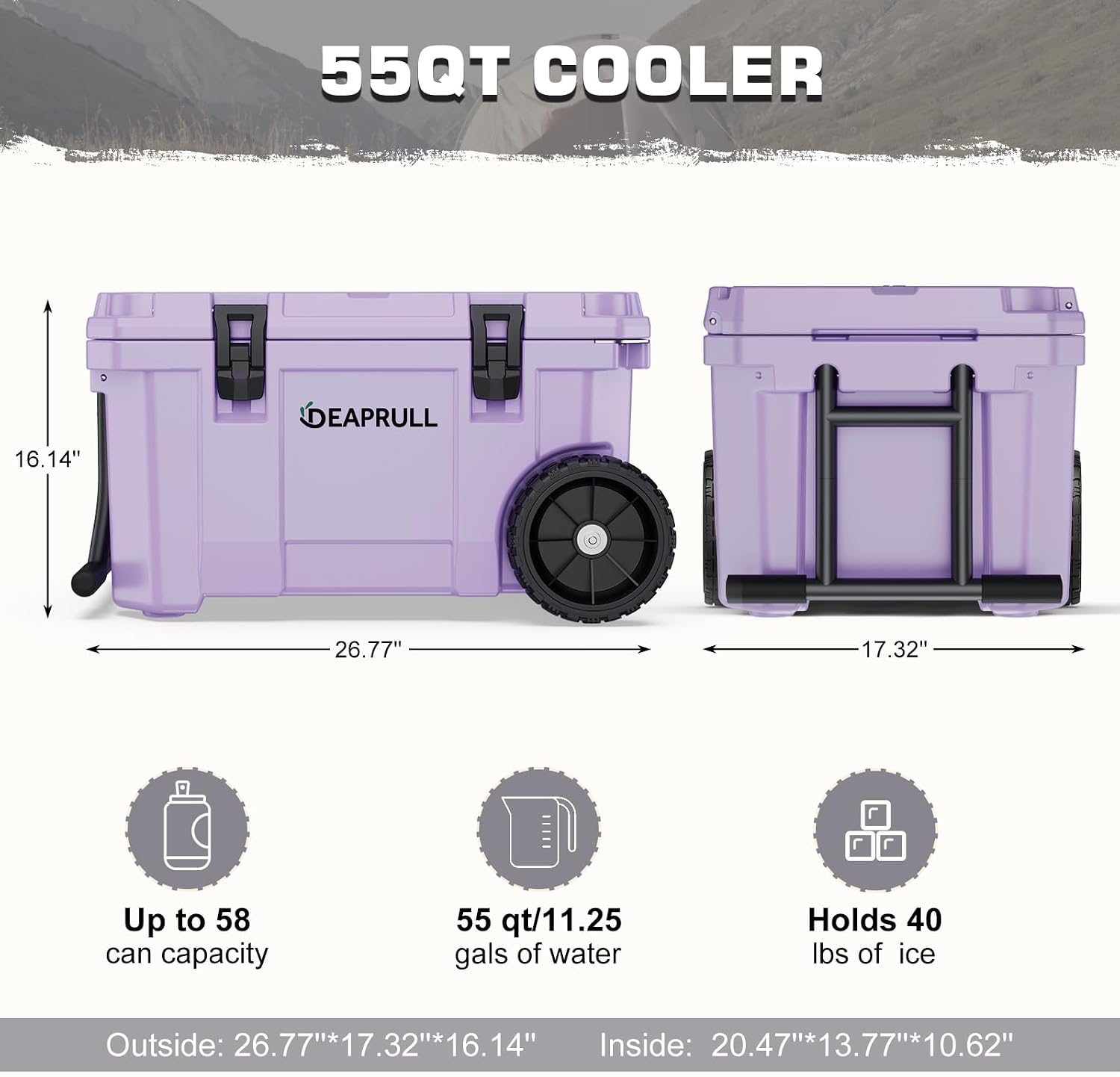 55 Quart Cooler with Wheels, Ice Chests Portable Camping Cooler Holds Ice up to 6 Days, Leak-Proof Outdoor Insulated Cooler with Handle, Cup Holders, Hard Cooler for Camping, Beach, Boat