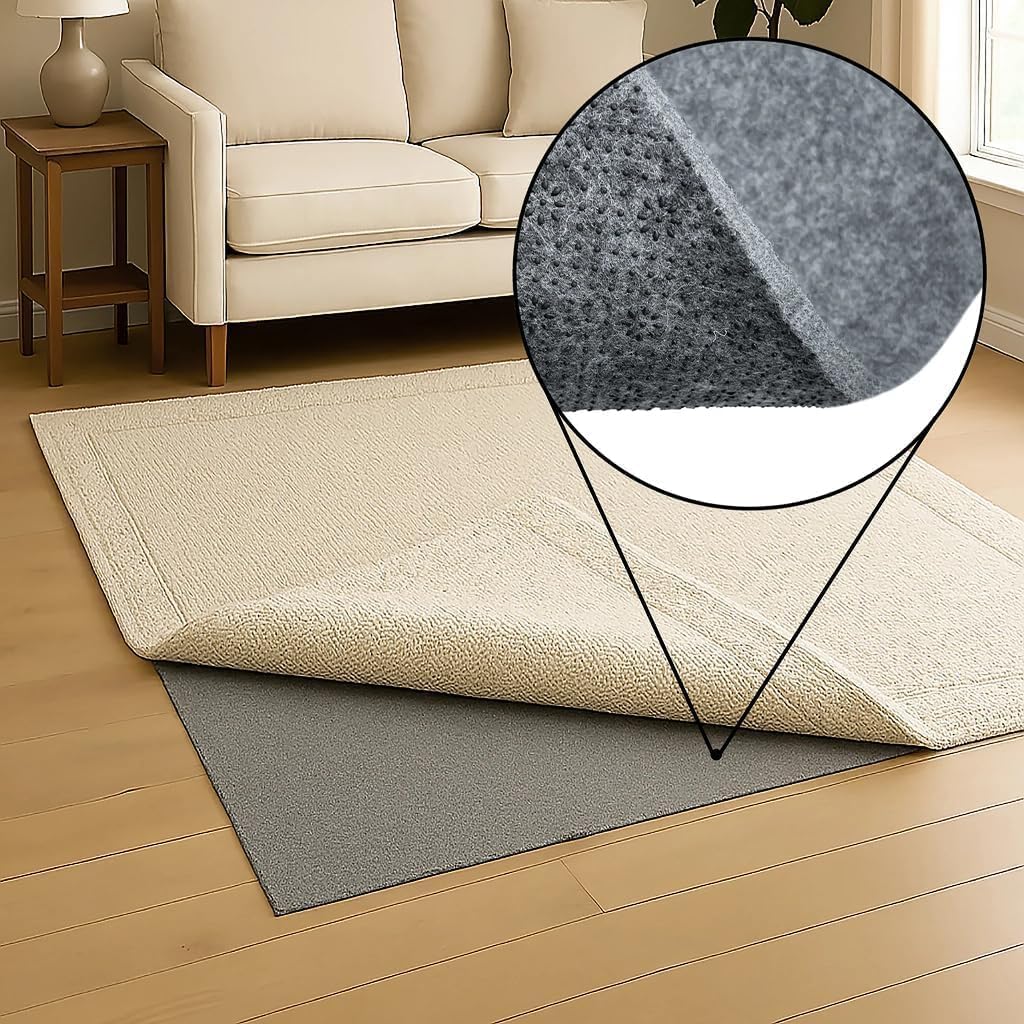 8x12 Feet Gray Rug Pad – 1/3 Inch Thick, Non-Slip, Cushioned Grip for Hard Floors