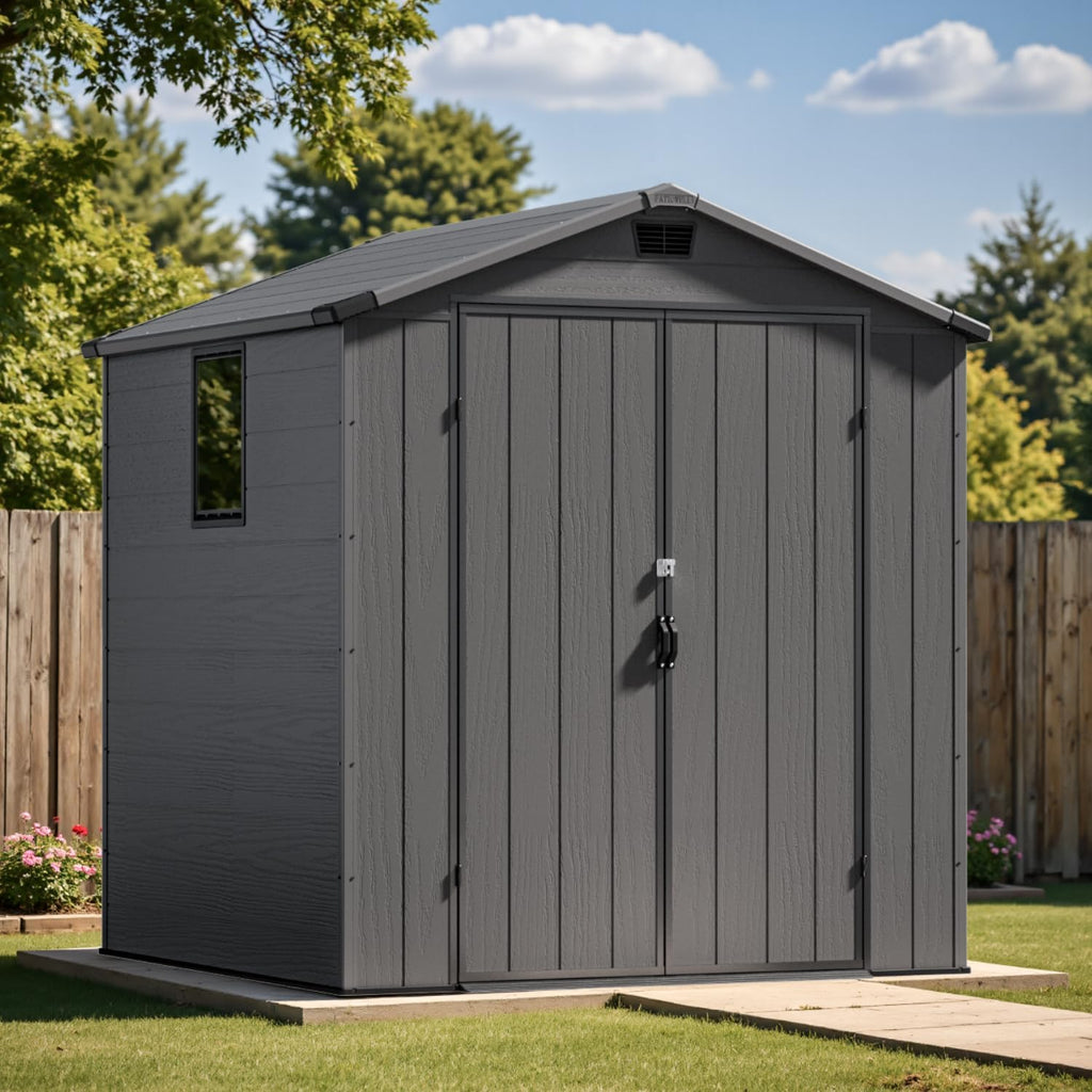 Patiowell 6X6 FT Plastic Outdoor Storage Shed with Floor, Resin Outside Tool Shed with Window and Lockable Door for Garden, Backyard, Tool Storage Usage, Easy to Install, Dark Grey
