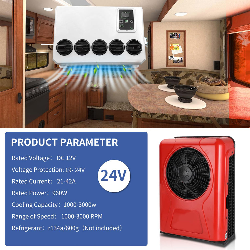 24V dc Truck Camper Van Air Conditioner 10000BTU Universal 24 Volt Electric RV Automotive Split Air Conditioning ac Unit for semi trucks RV Motorhome Crane Tractor
