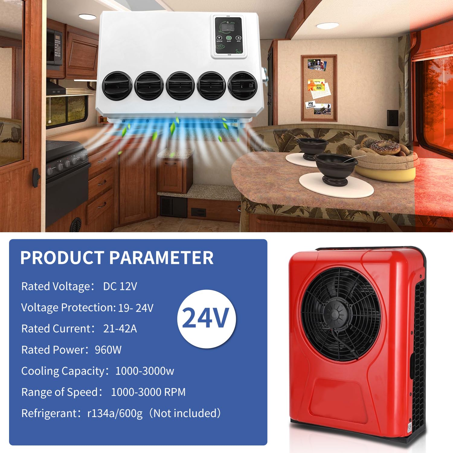 24V dc Truck Camper Van Air Conditioner 10000BTU Universal 24 Volt Electric RV Automotive Split Air Conditioning ac Unit for semi trucks RV Motorhome Crane Tractor