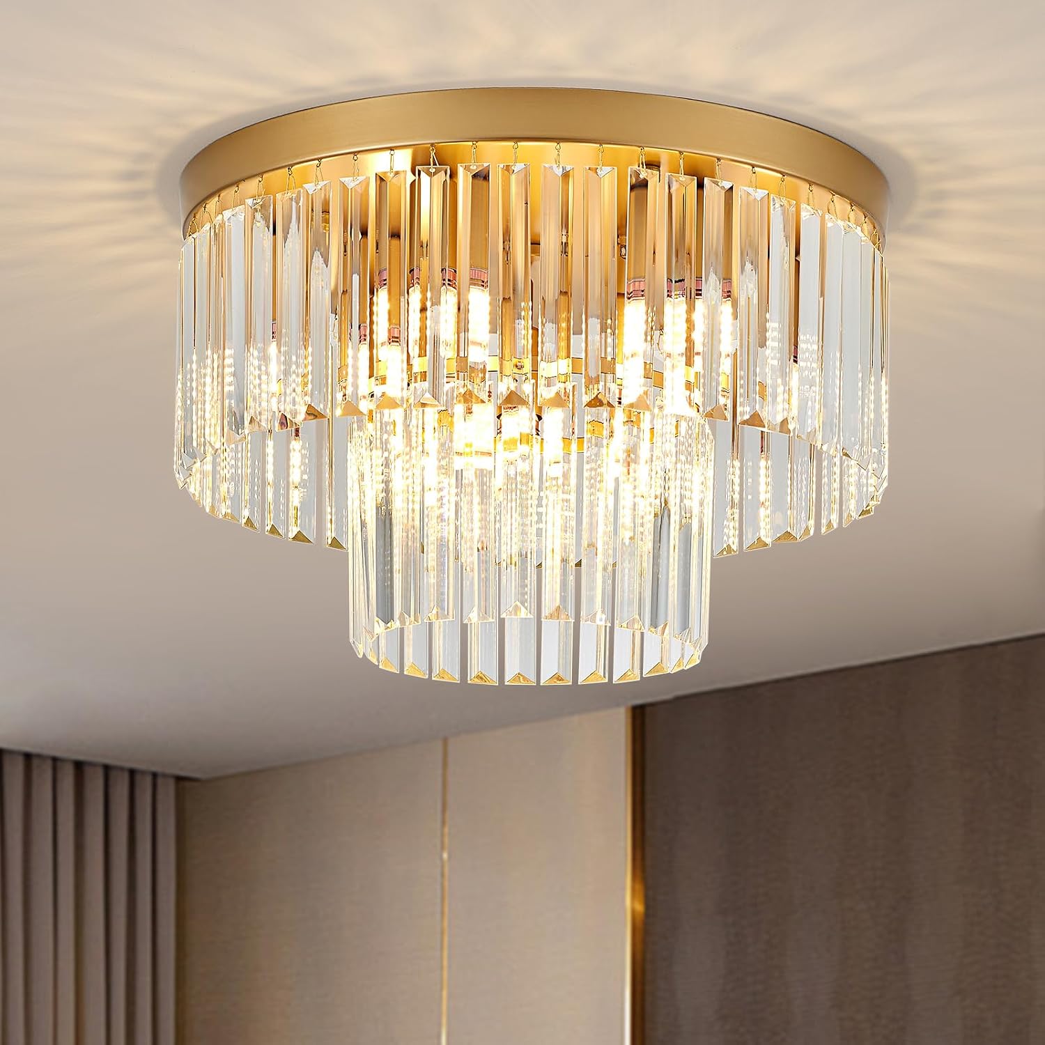 17' Gold Crystal Ceiling Light 9-Light Modern Crystal Light Fixture 2-Tier Luxury K9 Crystal Ceiling Light,for Dining Room Kitchen Island Living Room Bedroom