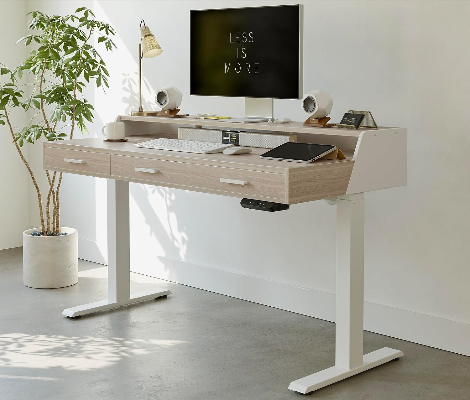 FEZIBO Electric Standing Desk with Drawers, 55x26 Inch Standing Desk Adjustable Height, Stand Up Desk with Monitor Shelf, Sit Stand Home Office Desk, Light Walnut