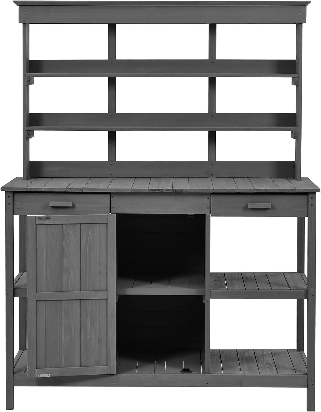 JIVOIT Outdoor Garden Potting Bench Table, 66' Large Farmhouse Wooden Garden Potting Table with 2 Drawers, Cabinet and 4-Tier Open Shelves, Garden Workstation Backyard Mudroom